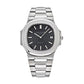 Patek Philippe watch with black dial and silver metal bracelet on a white background