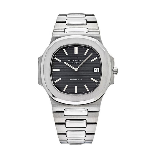 Patek Philippe watch with black dial and silver metal bracelet on a white background