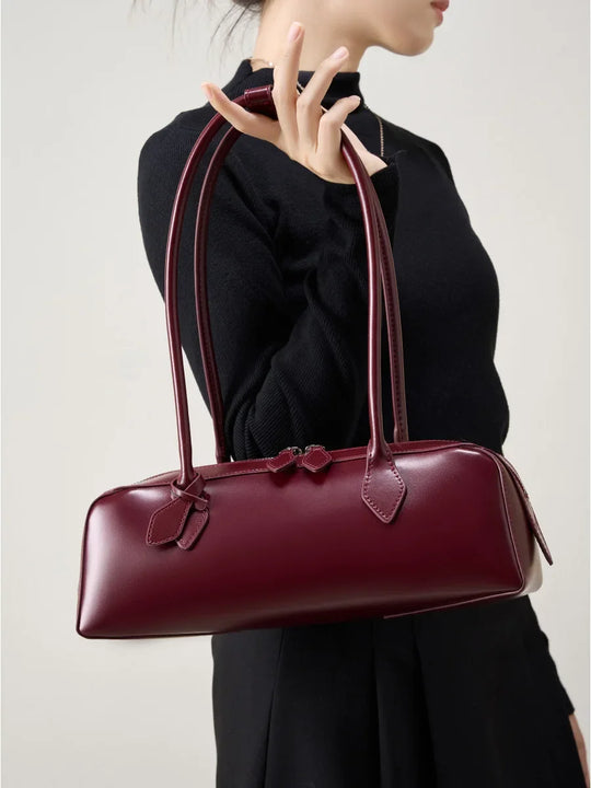 2025 New Burgandy Leather Baguette Bag with Long Strip