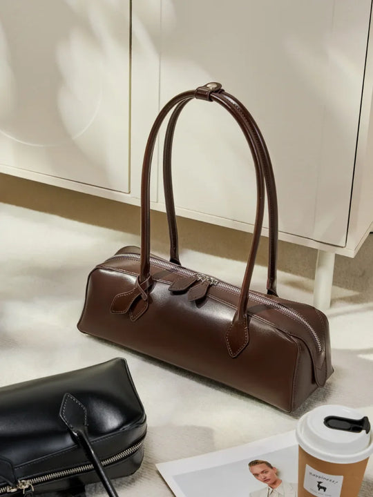 2025 New Burgandy Leather Baguette Bag with Long Strip