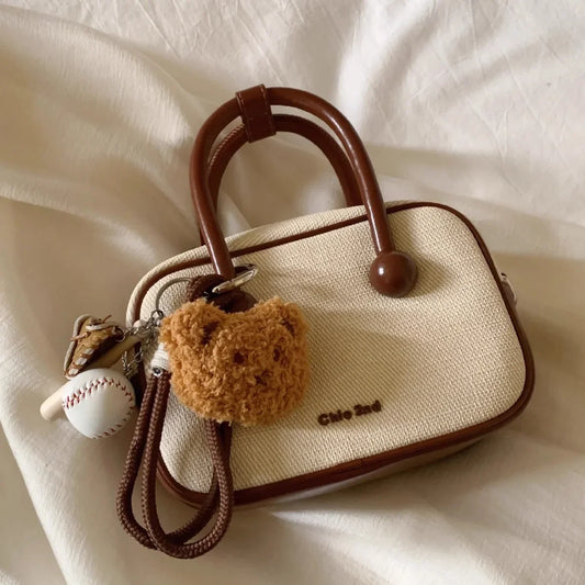 Cute Canvas Mini Bag with Bear Keychain