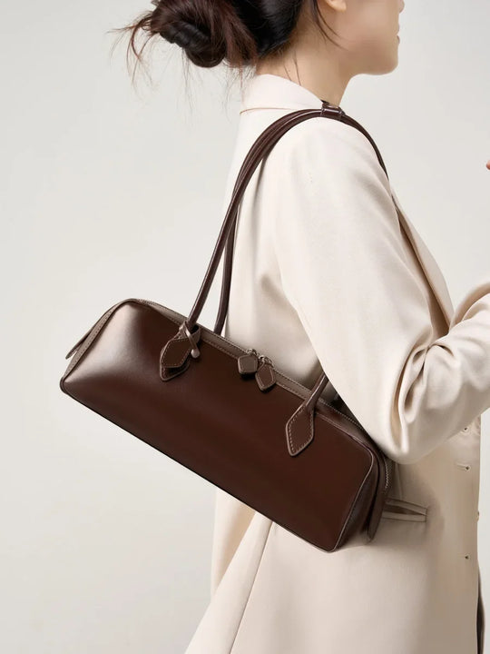 2025 New Burgandy Leather Baguette Bag with Long Strip
