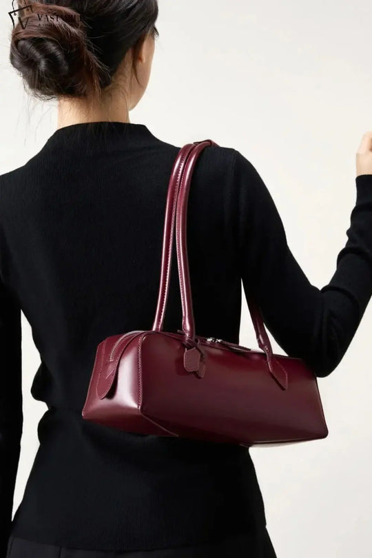 2025 New Burgandy Leather Baguette Bag with Long Strip