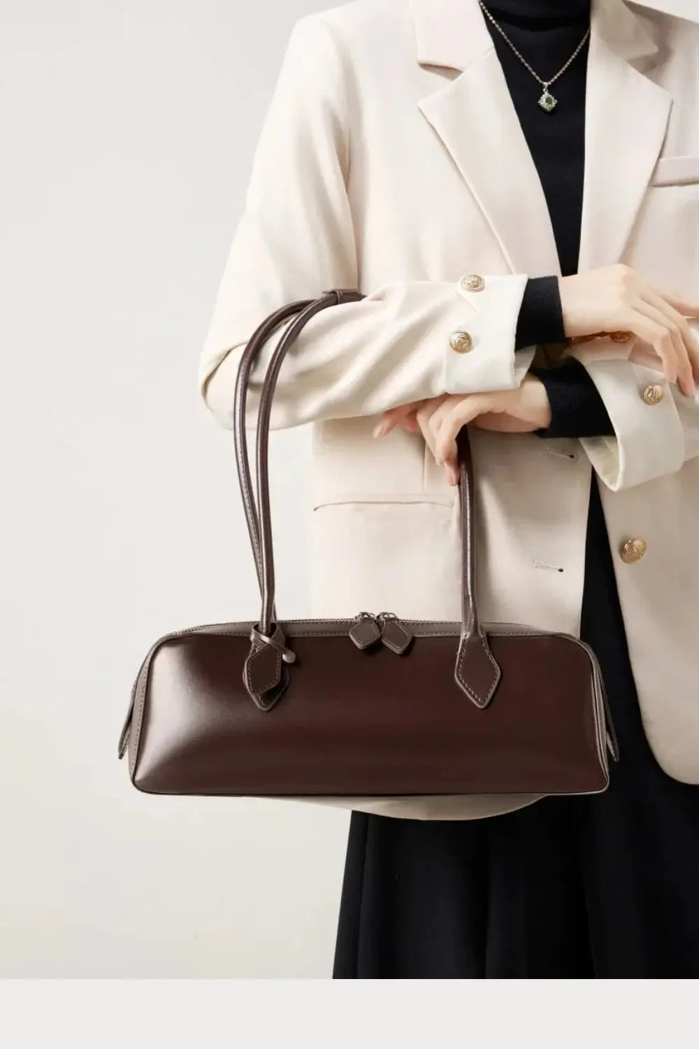 2025 New Burgandy Leather Baguette Bag with Long Strip