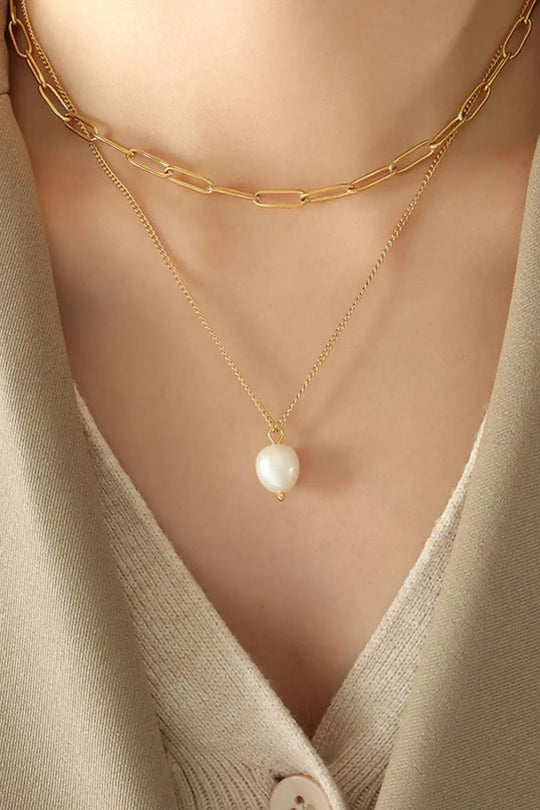 Freshwater Pearl Titanium Steel Double-Layered Necklace